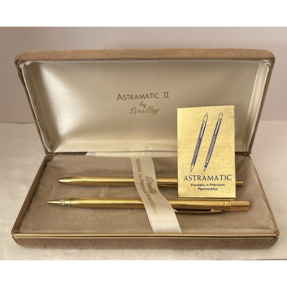 Vtg Bradley Astramatic II Pen and Pencil Gift Set Gold Tone w/ Folding Case - Picture 1 of 5